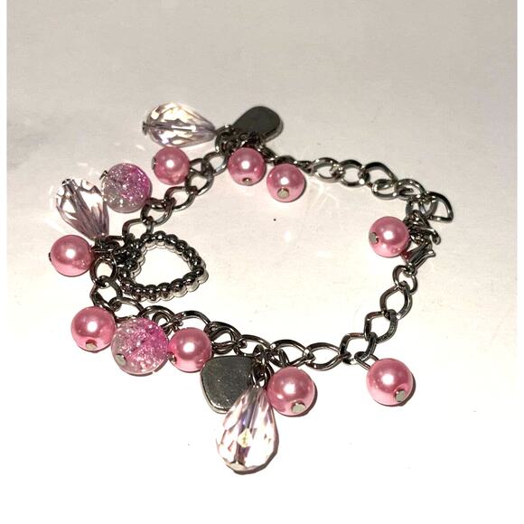 Vintage Silver Tone Pink Glass Crystal Bead Charm Bracelet Awareness B#18 - Picture 7 of 7
